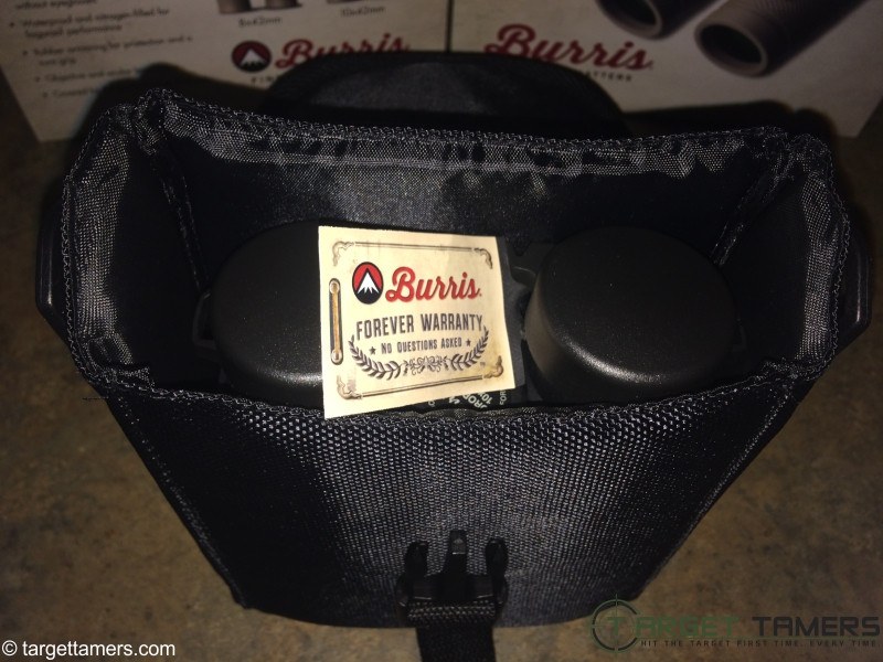 Burris Droptine binoculars in case showing 'Forever Warranty' tag 