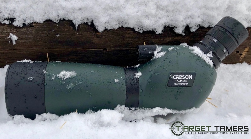 Side View of Carson Everglade Spotting Scope resting in the snow