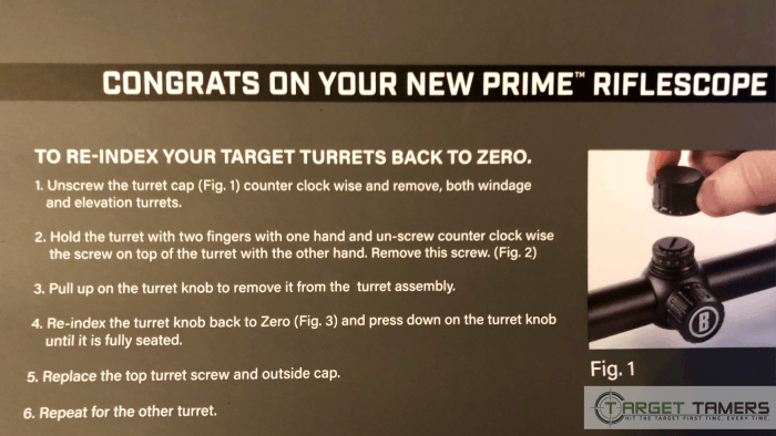 Instruction card showing how to re-index turrets back to zero on Bushnell Prime rifle scope