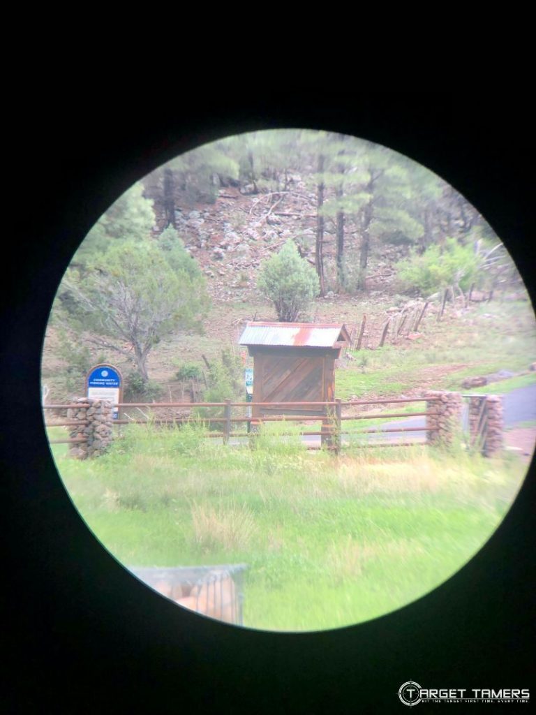 Looking through Maven C.2 7x28 binoculars at a shed at 100 yards