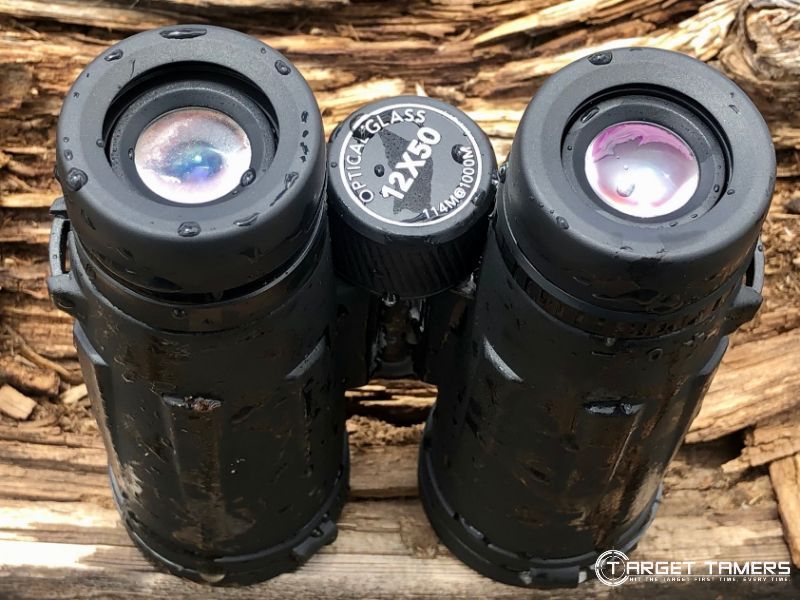 Binoculars with fogging of internal and external lenses