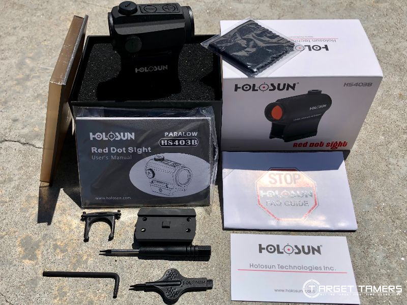 Accessories and instruction manual included in box with Holosun HS403B