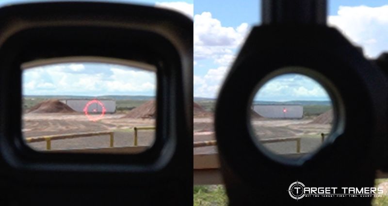 MAGNIFICATION Looking at conex container 205 yards away LEFT through EOTech EXPS3 VS RIGHT through STNGR Axiom II Both are non-magnified ie 1x magnification