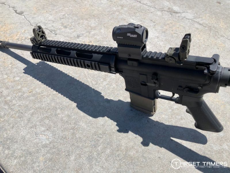 Romeo 5 mounted to AR15 run with MBUS sights