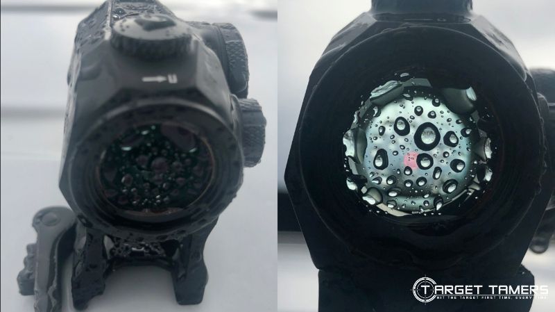 Waterproof testing the Sig Sauer Romeo 5 LEFT Wet eyepiece RIGHT Dot still visible