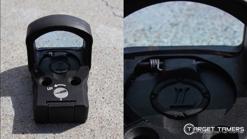 Downward view of the DeltaPoint Pro with close up of battery compartment