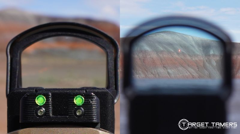 Looking through the view finder of the Leupold DeltaPoint Pro