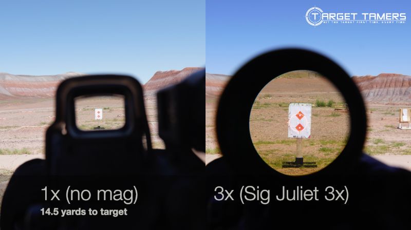 Shooting groups with and without a red dot sight magnifier