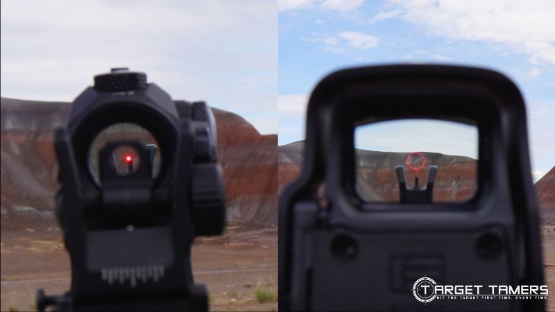 Absolute co-witness with Sig Sauer Romeo 5 & BUIS sights (left). Lower one third co-witness with EOTech EXPS3 & BUIS sights (right)