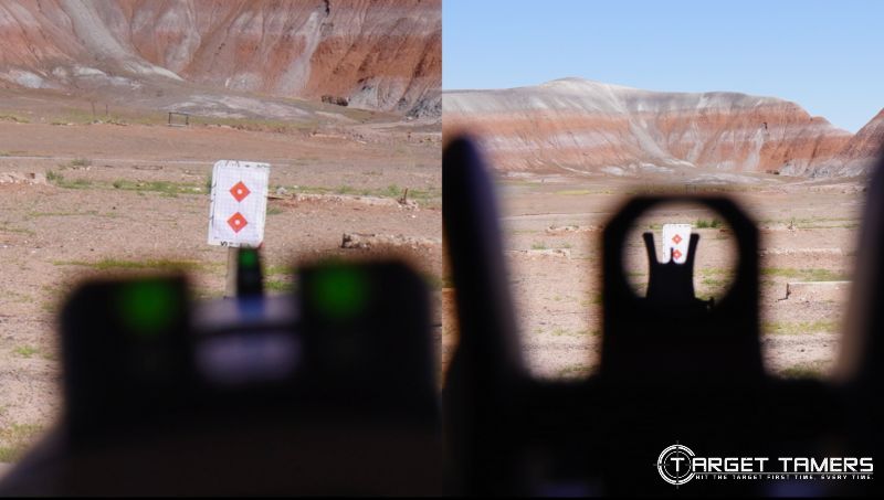 Looking at target through pistol iron sights vs AR-15 irons sights