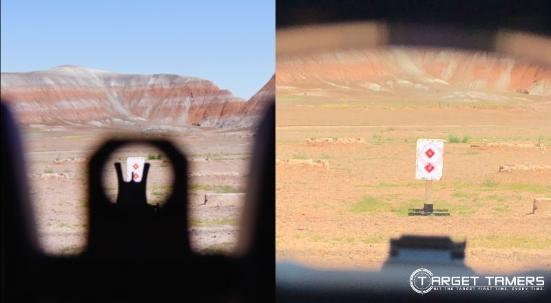 Viewing target through iron sights versus red dot sight