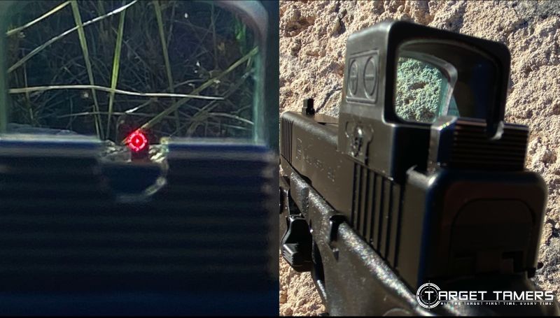 AmeriGlo Iron Sights - Very low co-witness (left) and side view of sights and RDS