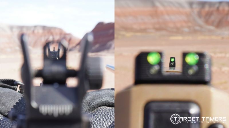 Aperture sights (left) VS open sights (right) – both iron sights