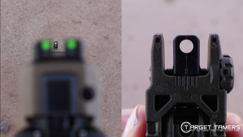 Fixed pistol iron sights (left) and AR-15 adjustable rear sight (right)