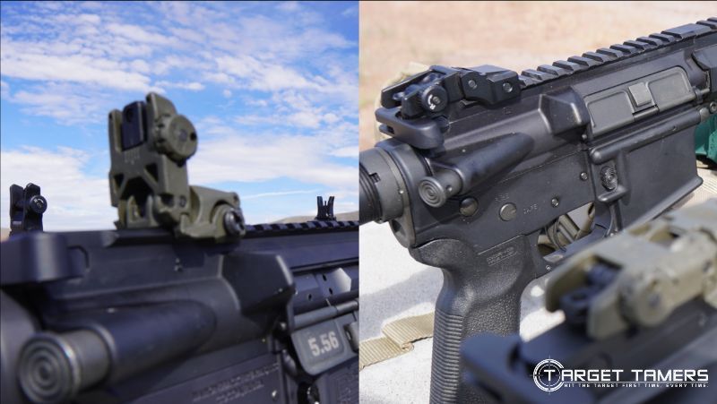 Flipped-up iron sights (left) VS collapsed iron sights (right)