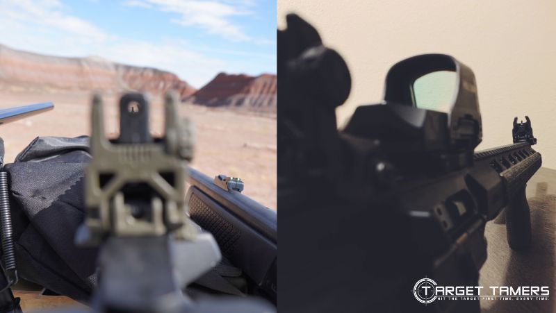 Looking through MBUS sights with focus on front sight (left) and side view of sights (right)