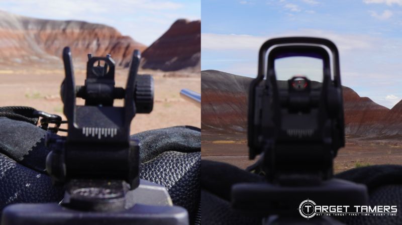 Looking through UTG Sights (left). Absolute co-witness in the lower third (right) with the EOTech EXPS3 (right).