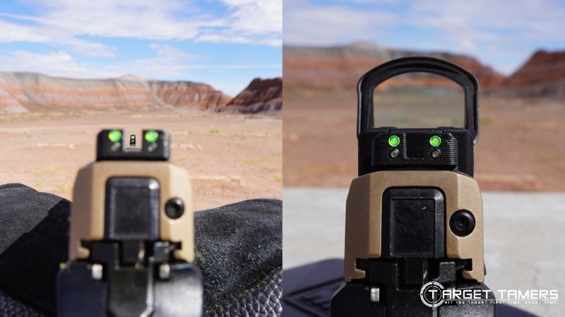 Sig Sauer P320 and VTAC sights (left) with mounted Leupold DeltaPoint Pro (right)