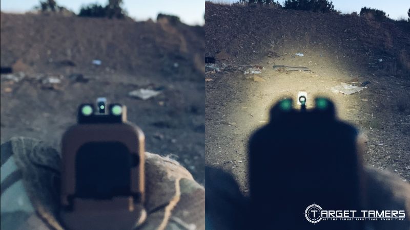 Truglo Tritium Night Sights on target in lowlight (left) and with streamlight on (right)