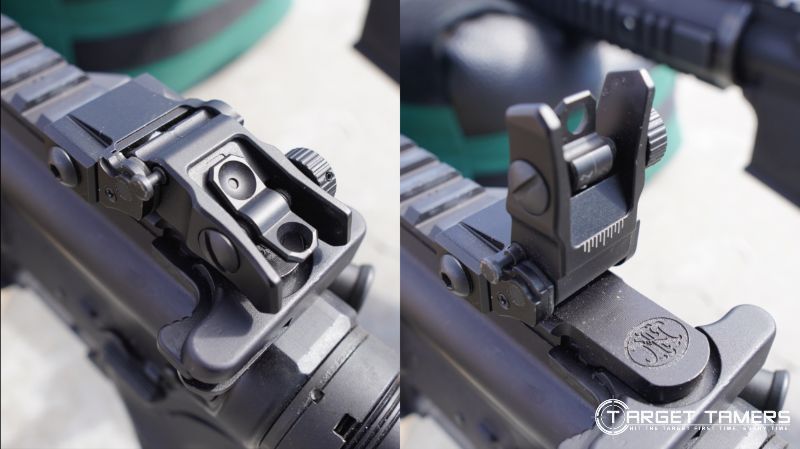 UTG Sights: rear sight collapsed (left). Flipped-up and engaged (right)