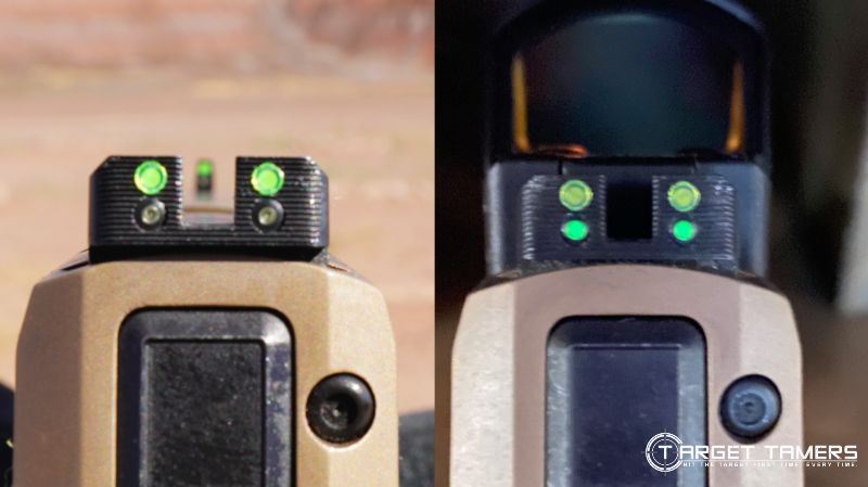 VTAC Sights - Highly visible fiber optic dots on top (left) and glowing tritium dots on bottom (right)